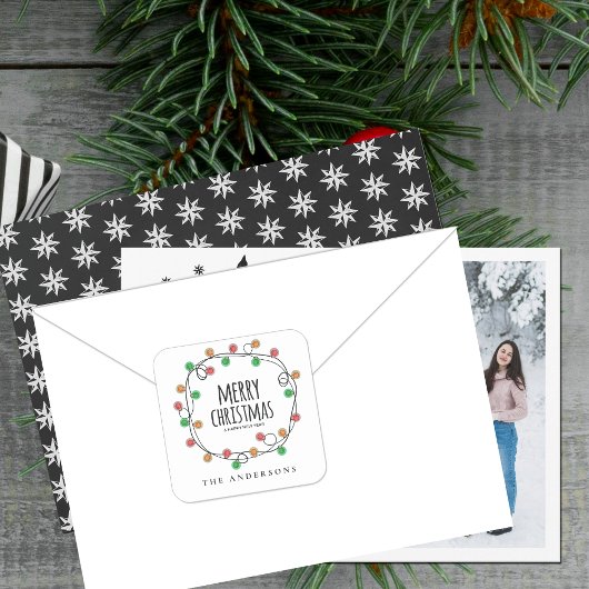 Farbenfrohe Name Weihnachten Lichter Frohe Weihnac Quadratischer Aufkleber