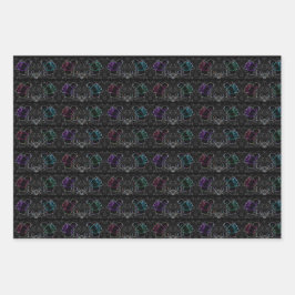 Farbenfrohe Neon, Abstrakte Rose auf schwarzem Hin Geschenkpapier Set