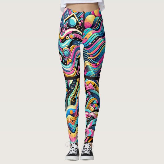 Farbenfrohe Neon Bright Abstrakte Muster der 90er  Leggings (Vorderseite)