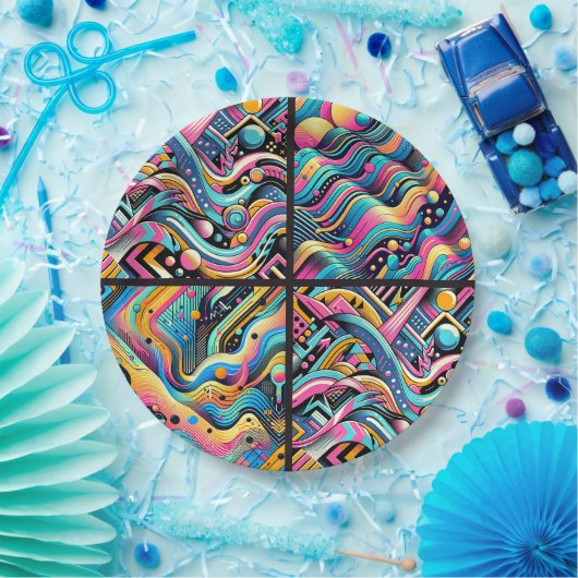 Farbenfrohe Neon Bright Abstrakte Muster der 90er  Pappteller (Party)