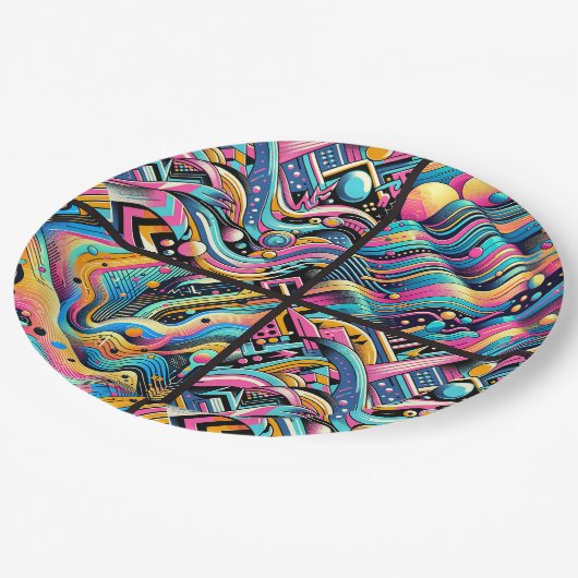 Farbenfrohe Neon Bright Abstrakte Muster der 90er  Pappteller (Schrägansicht)