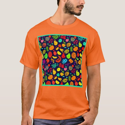 Farbenfrohe Neon Frucht Muster Kunst T-Shirt (Vorderseite)