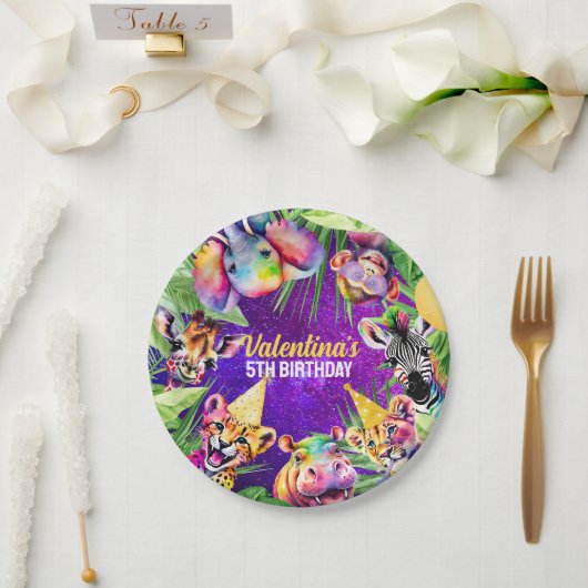 Farbenfrohe Neon Glow Jungle Safari Party Tiere Pappteller (Hochzeit)