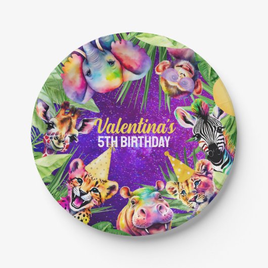 Farbenfrohe Neon Glow Jungle Safari Party Tiere Pappteller (Vorderseite)