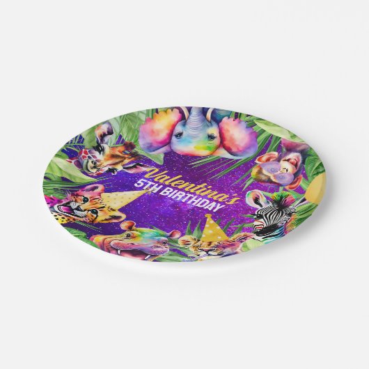 Farbenfrohe Neon Glow Jungle Safari Party Tiere Pappteller (Schrägansicht)