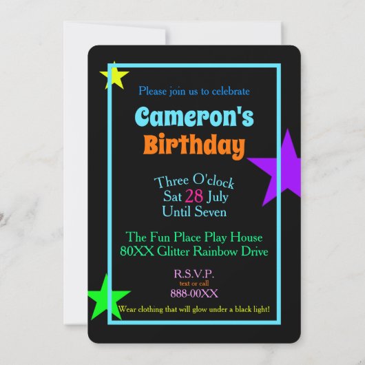 Farbenfrohe Neon Glow Party Einladung (Rückseite)
