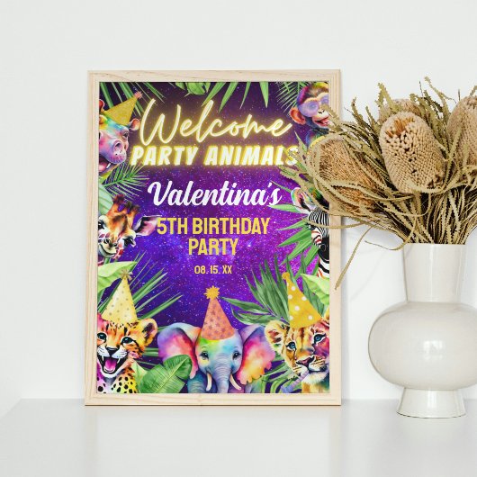 Farbenfrohe Neon Glow Safari Party Tiere Willkomme Poster