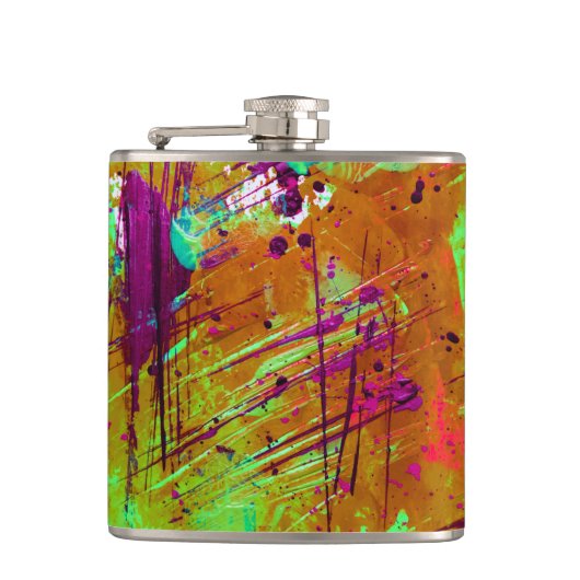 Farbenfrohe Neon Green Abstrakt Spritzer Paint Flachmann (Vorderseite)