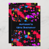 Farbenfrohe Neon, Paint Spritzer Paintball Geburts Einladung (Vorne/Hinten)
