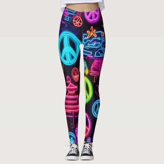 Farbenfrohe Neon Peace Pattern Leggings (Vorderseite)