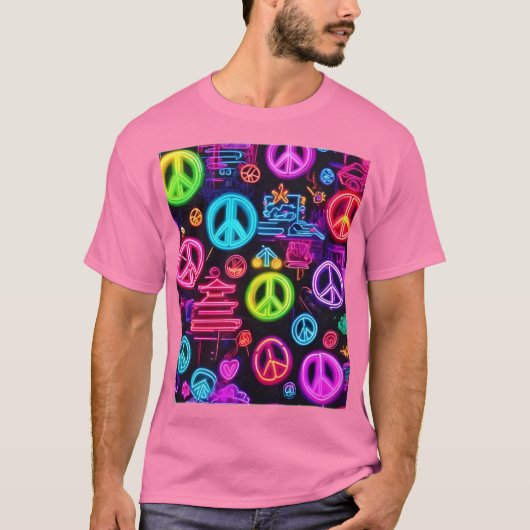 Farbenfrohe Neon Peace Pattern T-Shirt (Vorderseite)