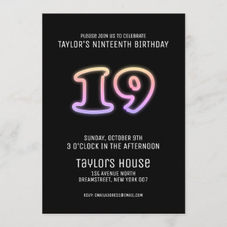 Farbenfrohe Neon Sign 19. Trendy Geburtstagsparty Einladung