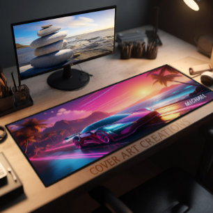 Farbenfrohe Neon Sportscar Sunset Desk Mat Schreibtischunterlage