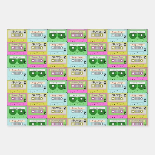 Farbenfrohe Neonmusik Cassettes Geschenkpapier Set (Vorderseite)