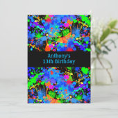 Farbenfrohe Neonpaint Spritzer Paintball Geburtsta Einladung (Stehend Vorderseite)