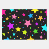 Farbenfrohe Neonsterne auf schwarz Geschenkpapier Set (Vorderseite 3)