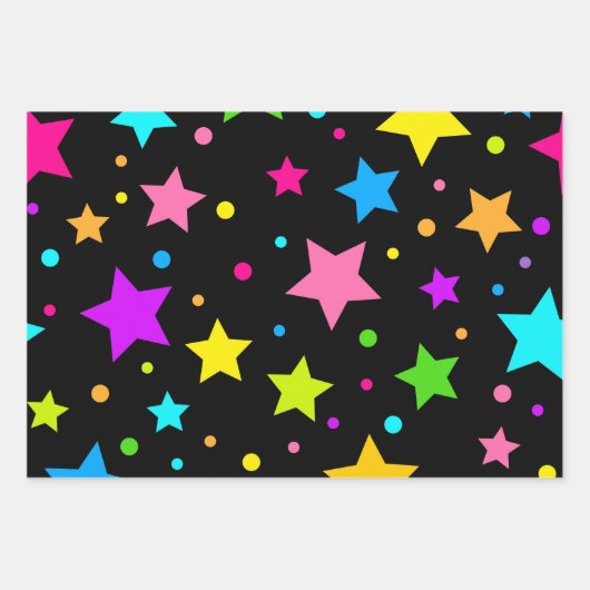 Farbenfrohe Neonsterne auf schwarz Geschenkpapier Set (Vorderseite 3)