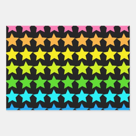 Farbenfrohe Neonsterne auf schwarz Geschenkpapier Set (Vorderseite 2)