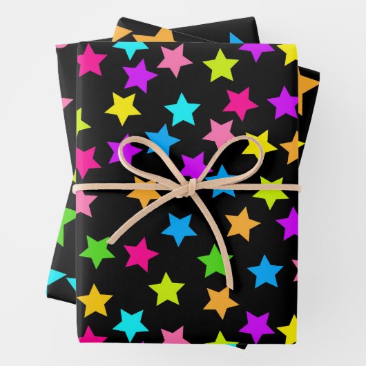 Farbenfrohe Neonsterne auf schwarz Geschenkpapier Set (Beispiel)