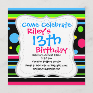 Farbenfrohe Neonstreifen Polka Dots Pink Aquamarin Einladung