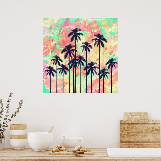 Farbenfrohe Neonwasserfarbe mit schwarzen Palmen Poster (Küche)