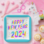 Farbenfrohe neue Jahreszeitung 2024 Pappteller (Party)