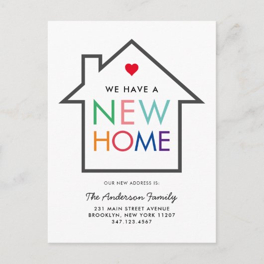 Farbenfrohe neue Zuhause-Änderung beim Umzug des A Ankündigungspostkarte (Vorderseite)
