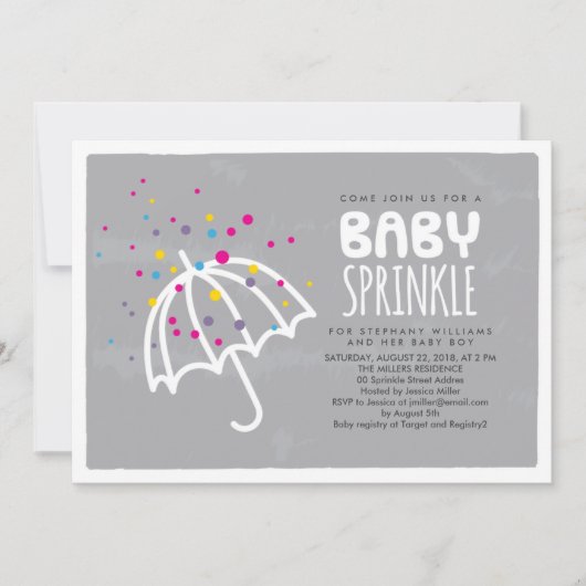 Farbenfrohe, neutrale, graue Babysprinkle laden zu Einladung (Vorderseite)