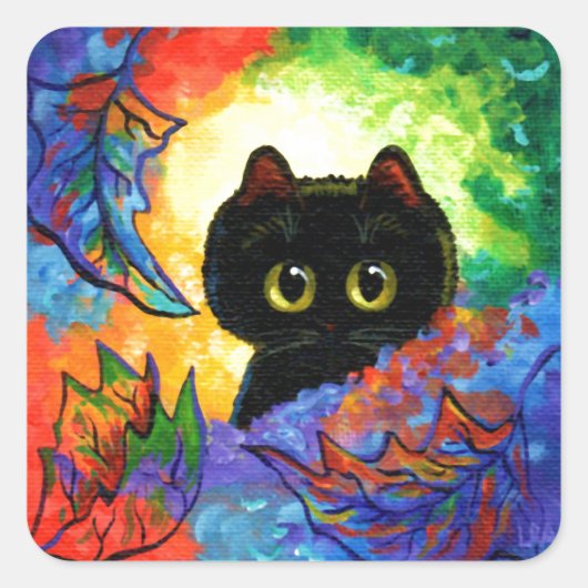Farbenfrohe Niedliche Black Cat Herbstlaube Creati Quadratischer Aufkleber (Vorderseite)