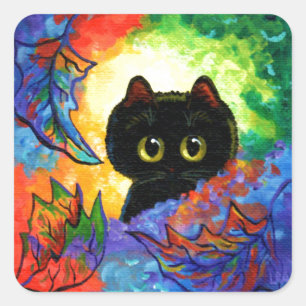 Farbenfrohe Niedliche Black Cat Herbstlaube Creati Quadratischer Aufkleber
