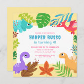 Farbenfrohe Niedliche Dino Illustration Geburtstag Einladung (Vorne/Hinten)