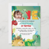 Farbenfrohe Niedliche Dinosaurier Baby-Junge erste Einladung (Vorderseite)