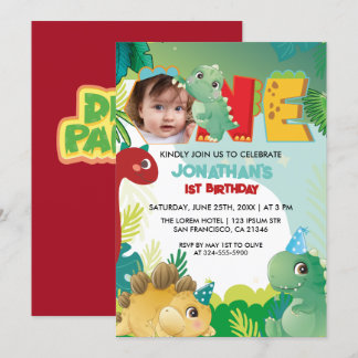 Farbenfrohe Niedliche Dinosaurier Baby-Junge erste Einladung