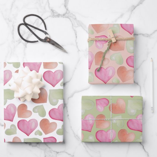 Farbenfrohe Niedliche Herzen Wasserfarbenes Muster Geschenkpapier Set (Vorderseite)