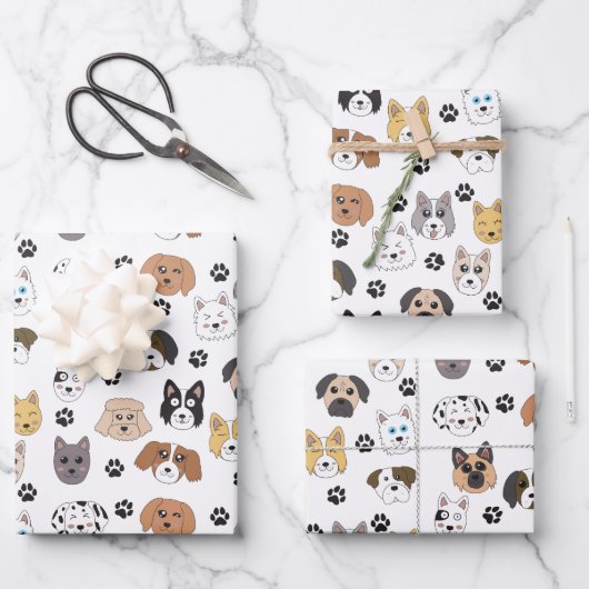 Farbenfrohe Niedliche Hunde & Hundeschlittenmuster Geschenkpapier Set (Vorderseite)