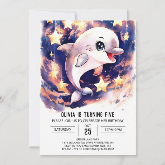 Farbenfrohe Niedliche Kinderdelfin zum Geburtstag Einladung (Vorderseite)