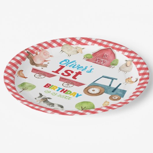 Farbenfrohe Niedliche Landtiere Barnyard 1. Geburt Pappteller (Schrägansicht)