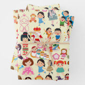 Farbenfrohe Niedliche Puppen und Kindergeschenkwra Geschenkpapier Set (Beispiel)