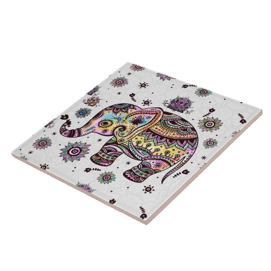 Farbenfrohe Niedliche Retro-Flora-Elefant Fliese (Seite)