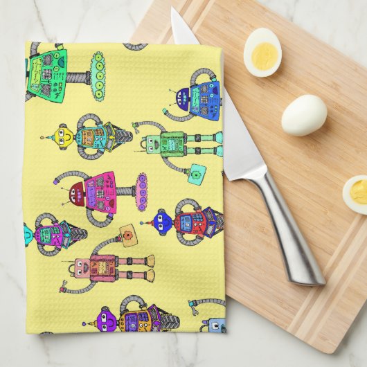 Farbenfrohe niedliche Roboter auf gelbem Hintergru Geschirrtuch (Viertel Falte)