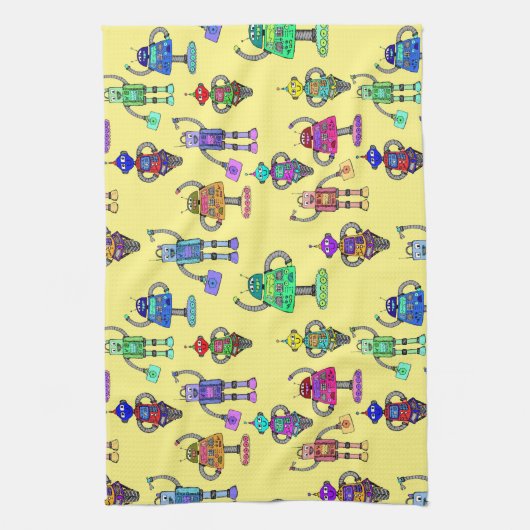 Farbenfrohe niedliche Roboter auf gelbem Hintergru Geschirrtuch (Vertikal)