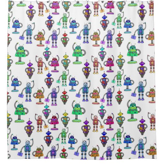 Farbenfrohe niedliche Roboter auf weißem Hintergru Duschvorhang (Vorderseite)