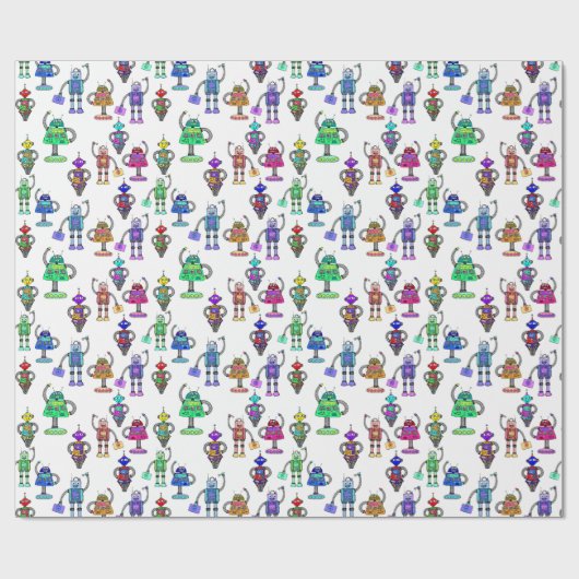 Farbenfrohe niedliche Roboter auf weißem Hintergru Geschenkpapier (Flach)