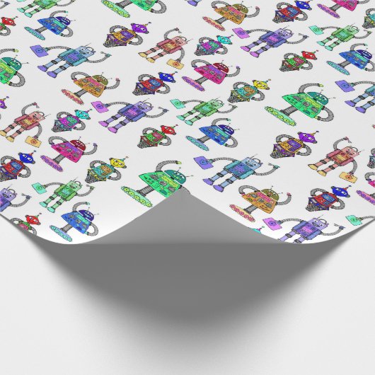 Farbenfrohe niedliche Roboter auf weißem Hintergru Geschenkpapier (Ecke)