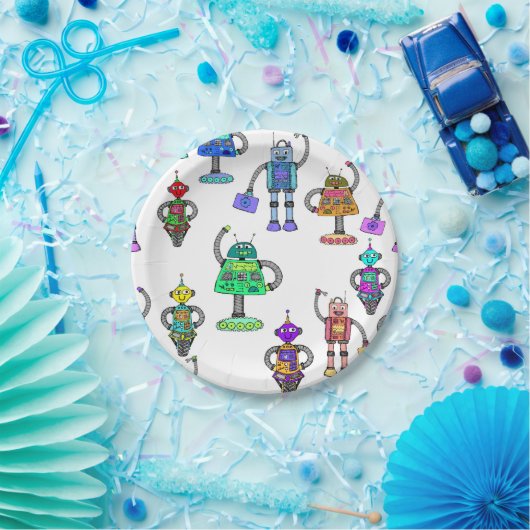 Farbenfrohe niedliche Roboter auf weißem Hintergru Pappteller (Party)