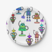 Farbenfrohe niedliche Roboter auf weißem Hintergru Pappteller (Vorderseite)