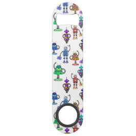 Farbenfrohe niedliche Roboter auf weißem Hintergru Speedflaschenöffner