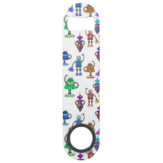 Farbenfrohe niedliche Roboter auf weißem Hintergru Speedflaschenöffner (Vorderseite)