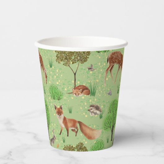 Farbenfrohe Niedliche Waldtiere Grüne Wiese Pappbecher (Vorderseite)