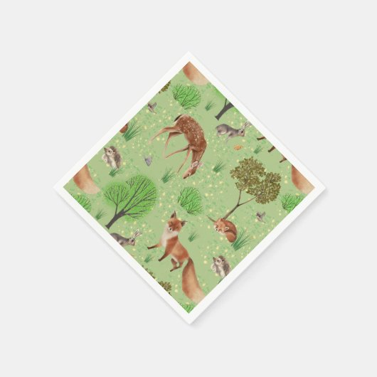 Farbenfrohe Niedliche Waldtiere Grüne Wiese Serviette (Ecke)